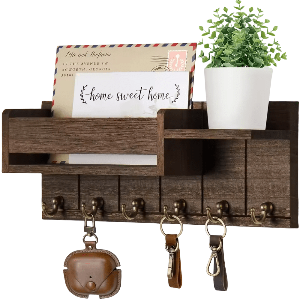 TimberCraft Wooden Wall Organizer with Hooks and Mail Slot