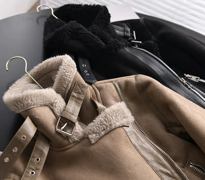 Women’s Leather Jacket | Sherpa Fleece Lining & Metal Zipper | Mid-Length Cut | Comfortable Fit