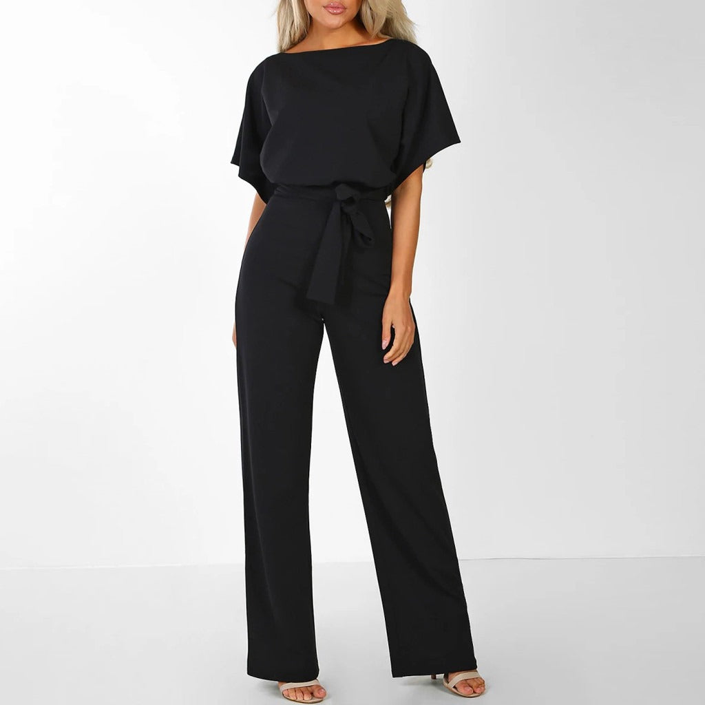 Women’s Wide-Leg Jumpsuit | Waist Tie Belt & Flutter Sleeves | Cotton Blend | Comfortable Fit