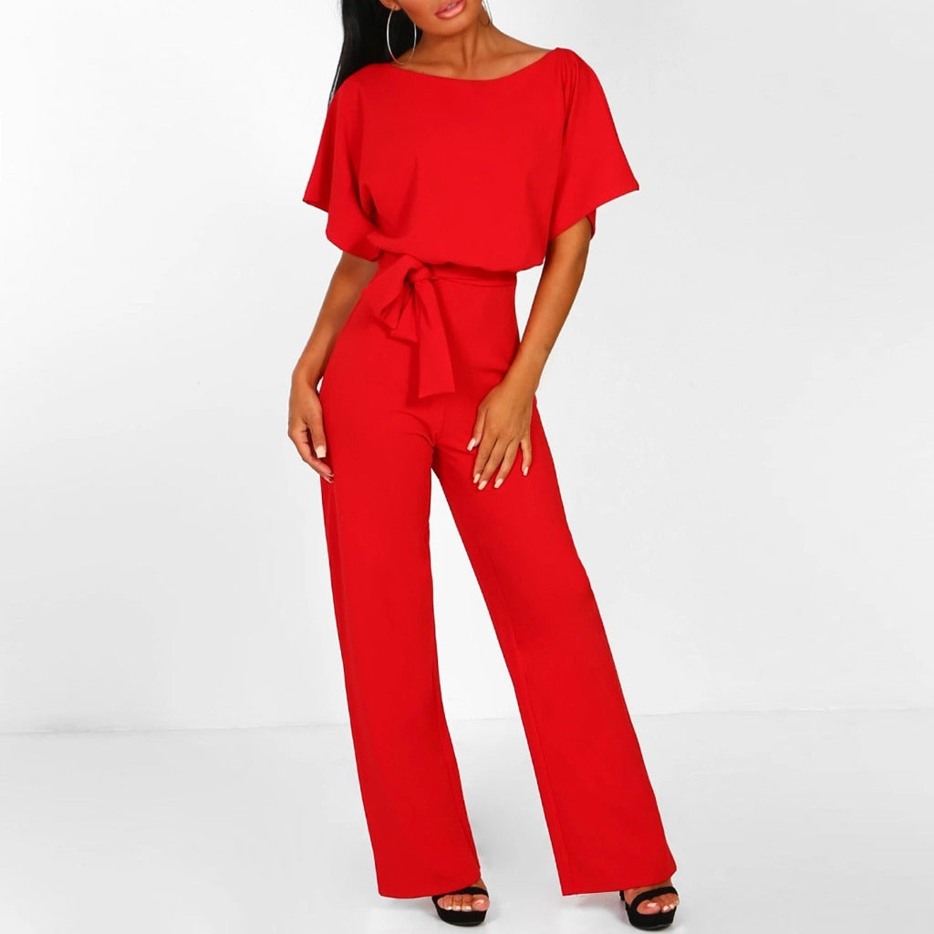 Women’s Wide-Leg Jumpsuit | Waist Tie Belt & Flutter Sleeves | Cotton Blend | Comfortable Fit