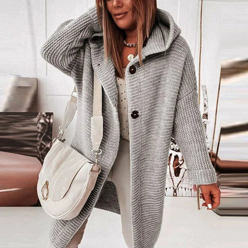 Women’s Hooded Long Knit Cardigan | Oversized Cozy Knit | Buttoned Front | Comfortable Fit