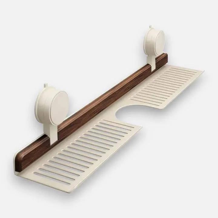 Drill-Free Bathroom and Kitchen Storage – Suction Mount Wall Shelf with Walnut Finish
