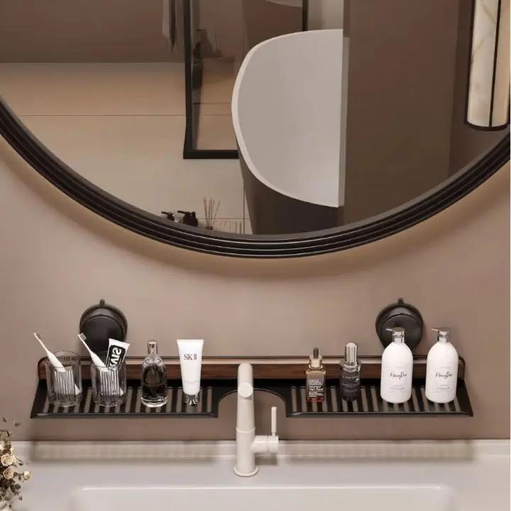 Drill-Free Bathroom and Kitchen Storage – Suction Mount Wall Shelf with Walnut Finish