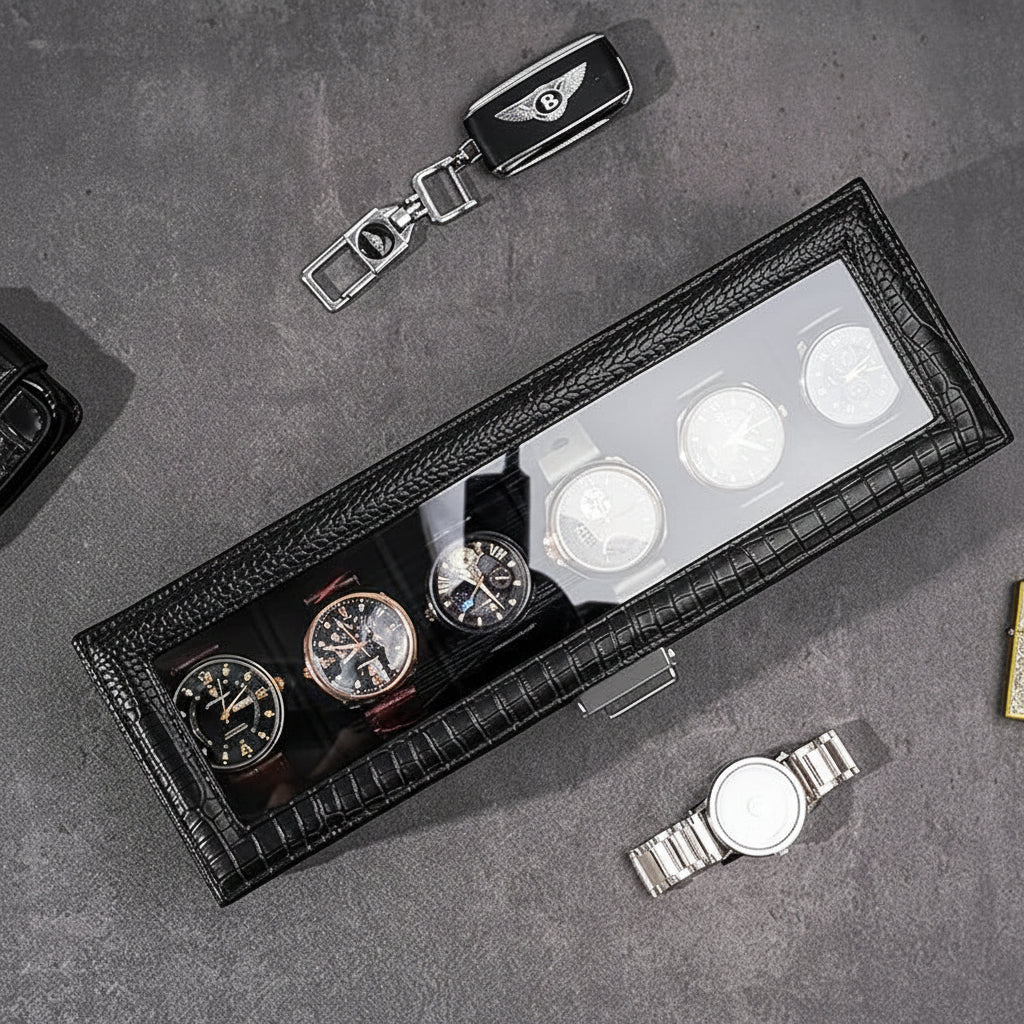 Elegant Dual-Layer Watch Storage Box with Drawer and Glass Top