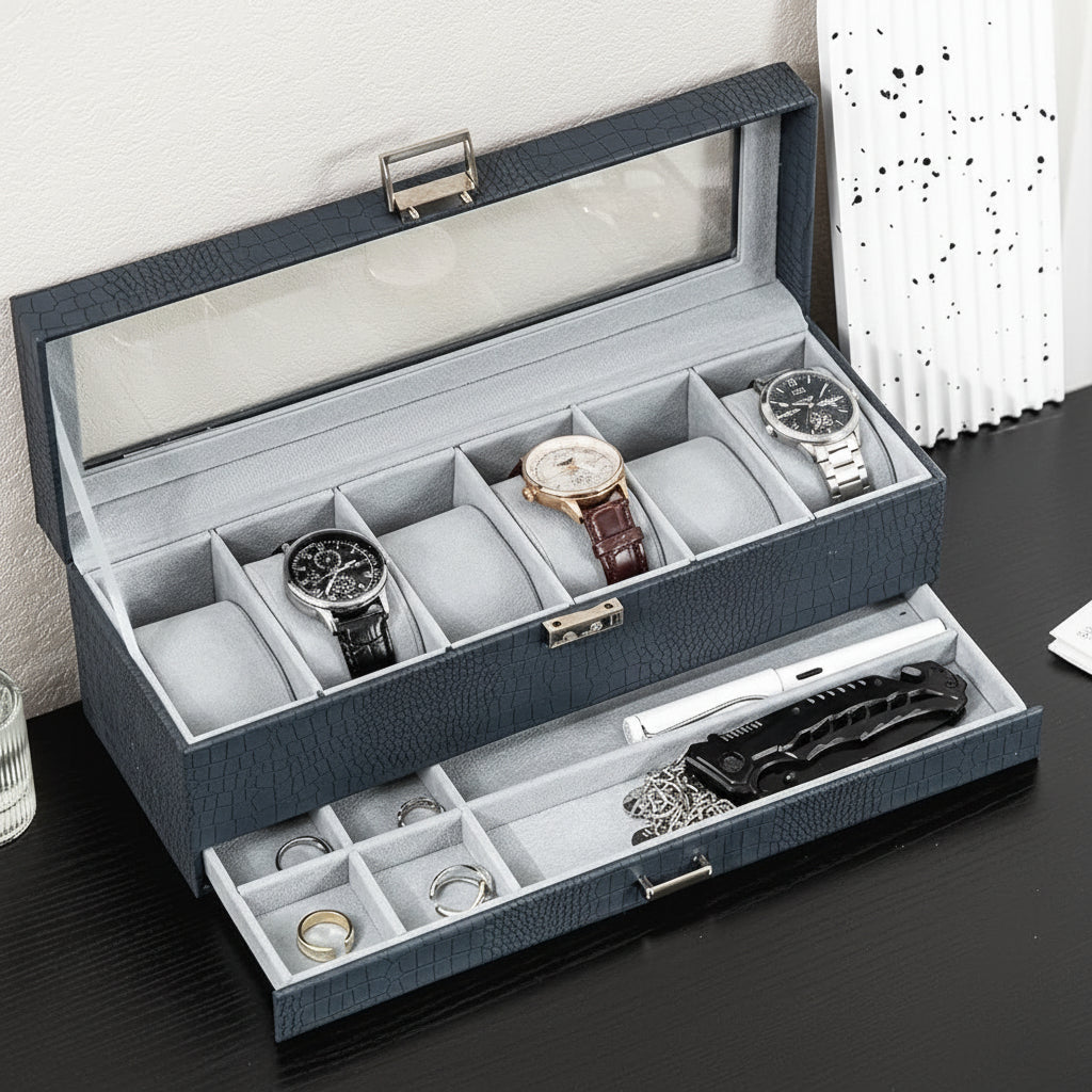 Elegant Dual-Layer Watch Storage Box with Drawer and Glass Top