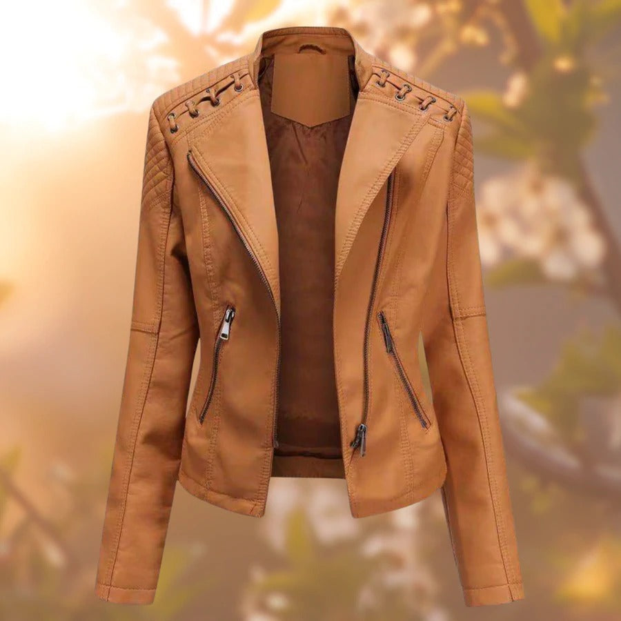Women’s PU Leather Biker Jacket | Shoulder Lace-Up Detail | Asymmetric Zipper | Wind-Resistant Outerwear