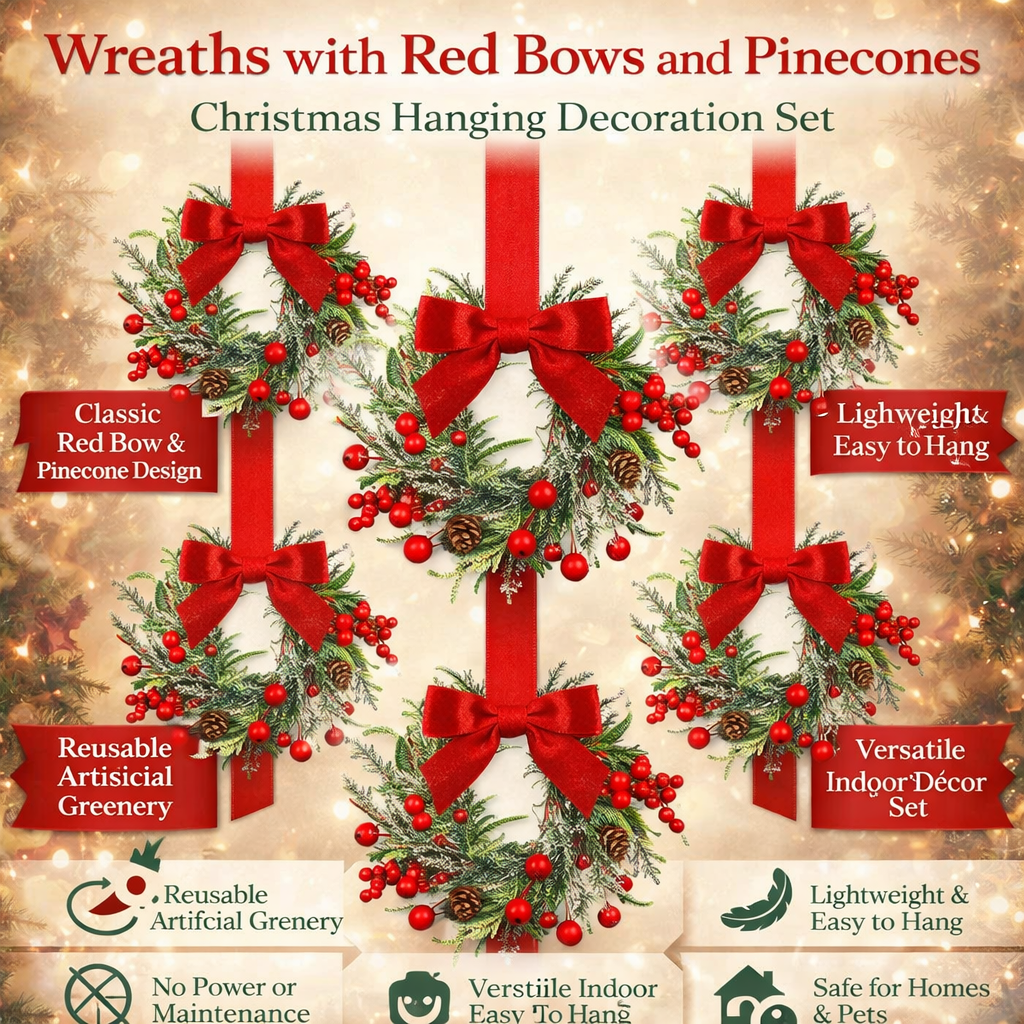 Festive Holiday Wreath with Charming Red Bow and Pinecones