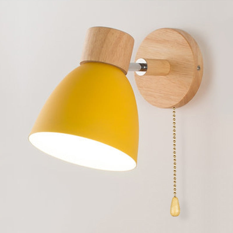 Wall Lamp | Scandinavian Wooden Shade | Metal Construction & Pull Switch | Space-Saving Design
