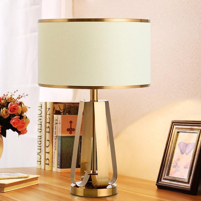 22 inch 1-Light Brass Geometric Table Lamp with Golden Faux Silk Drum Shade