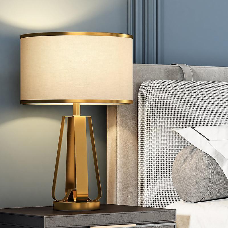 22 inch 1-Light Brass Geometric Table Lamp with Golden Faux Silk Drum Shade