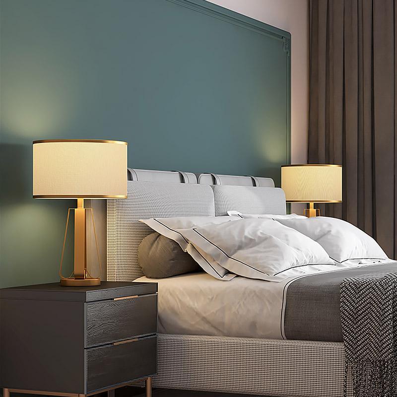 22 inch 1-Light Brass Geometric Table Lamp with Golden Faux Silk Drum Shade