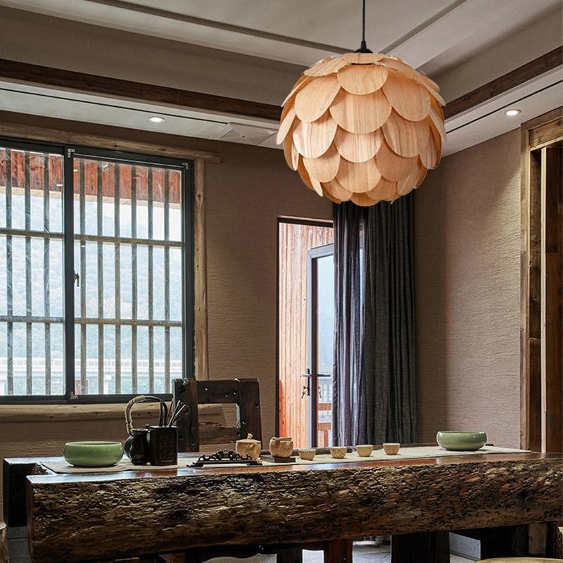 15'' Wood Pendant Light - Rustic Pineapple Shaped Design