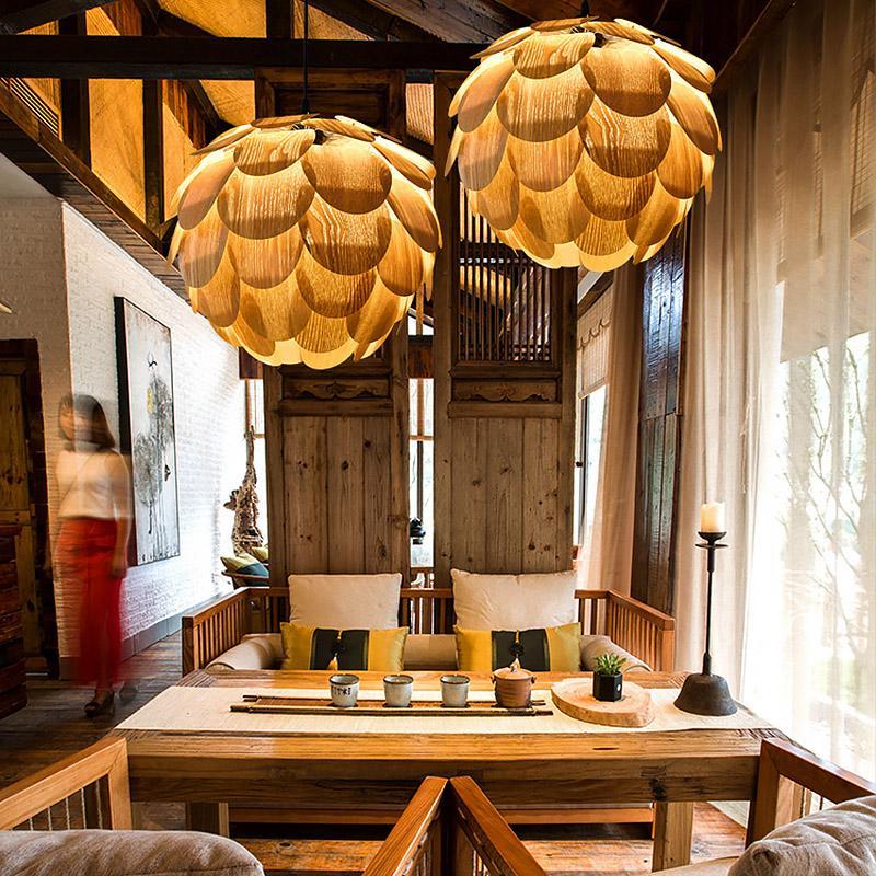 15'' Wood Pendant Light - Rustic Pineapple Shaped Design