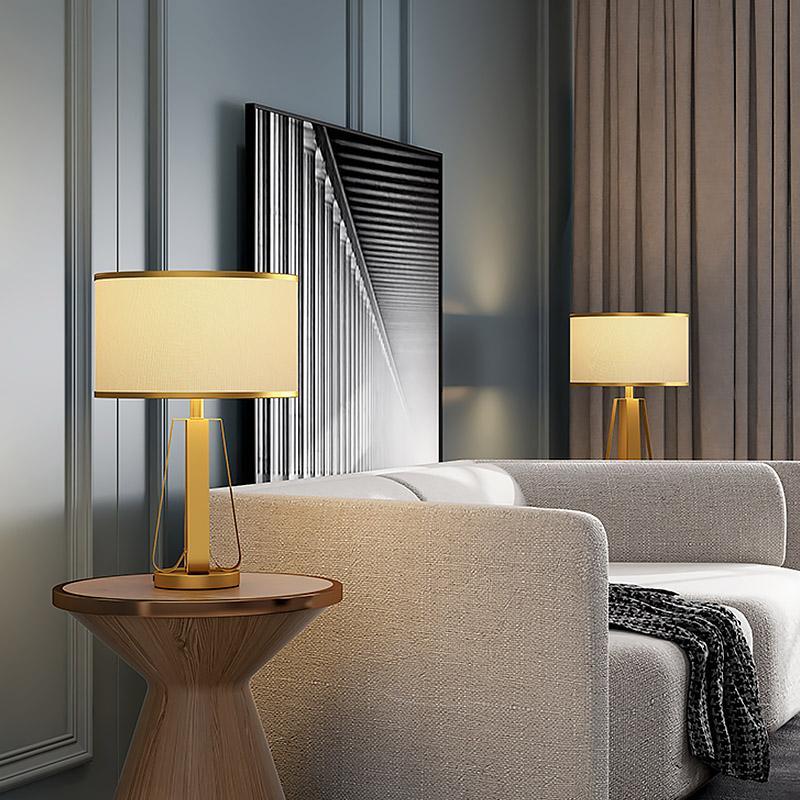 22 inch 1-Light Brass Geometric Table Lamp with Golden Faux Silk Drum Shade