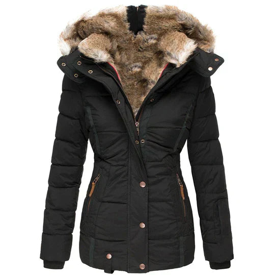 Women's Winter Jacket | Insulating Padded Lining & Faux Fur Hood | Button & Zipper Closure | Warmth and Wind Protection