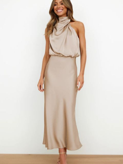 Women's Halter-Neck Draped Midi Dress | Sleeveless Elegant Design | 100% Polyester | Versatile Evening Wear