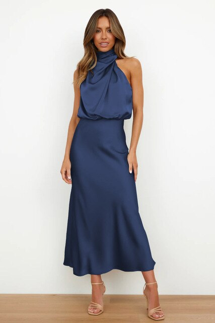 Women's Halter-Neck Draped Midi Dress | Sleeveless Elegant Design | 100% Polyester | Versatile Evening Wear