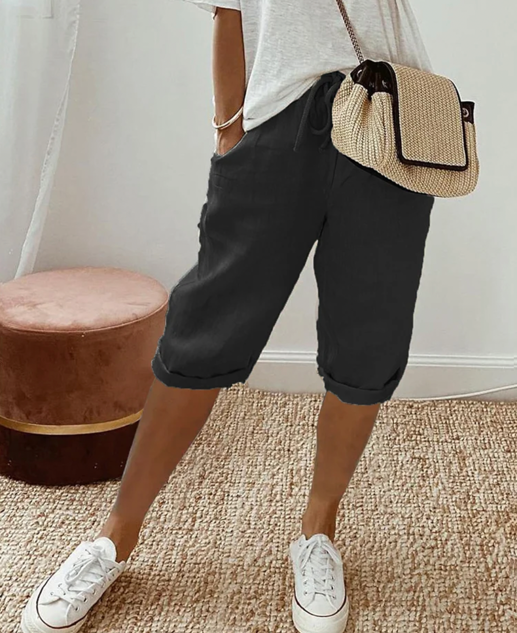 Women’s Linen Knee-Length Shorts | High-Rise Fit & Drawstring Waist | Breathable Stretch Fabric | Versatile Casual Wear