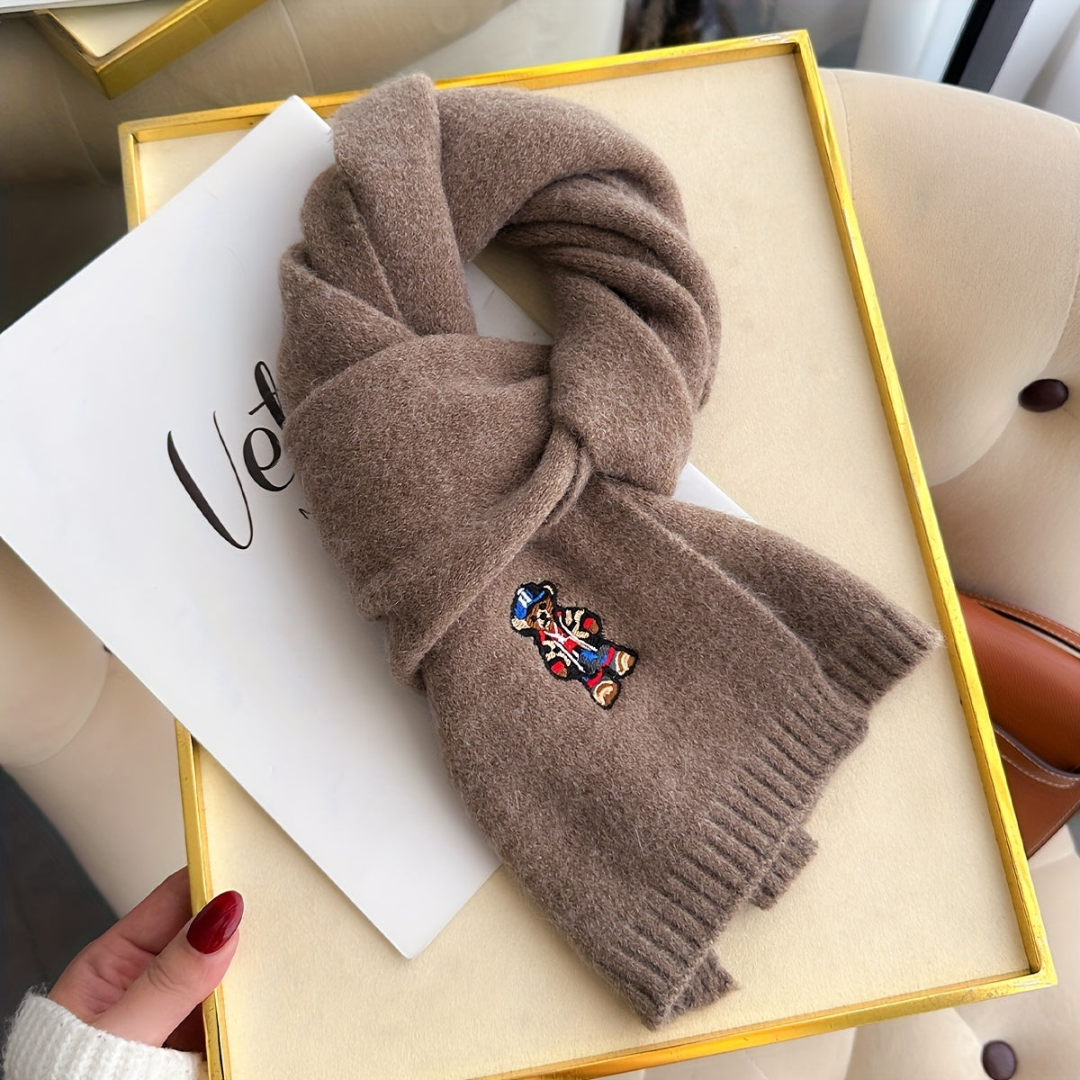 Winter Scarf | Soft Warmth | Stylish Bear Embroidery | Polyester