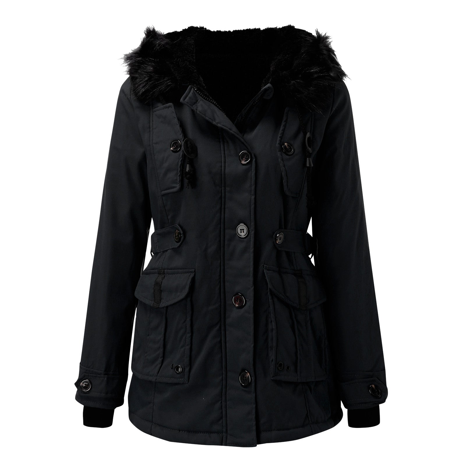 Women’s Parka Coat | Faux Fur Hood & Insulated | Adjustable Waist & Multiple Pockets | Wind Protection