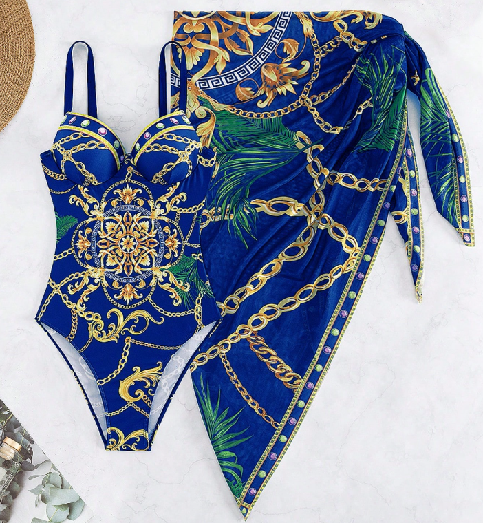 Women’s One-Piece Swimsuit | Built-In Push-Up Bra | Matching Beach Skirt | Elegant Design