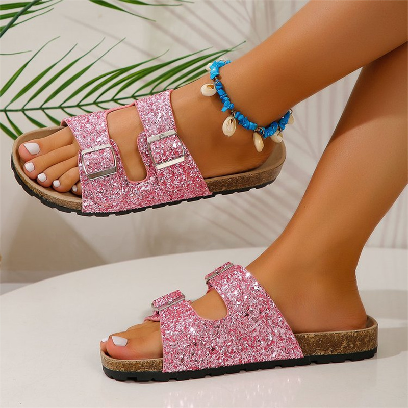 Women’s Two-Strap Buckle Sandals | Sparkling Design | Rubber Sole & PU Interior | Comfortable Fit