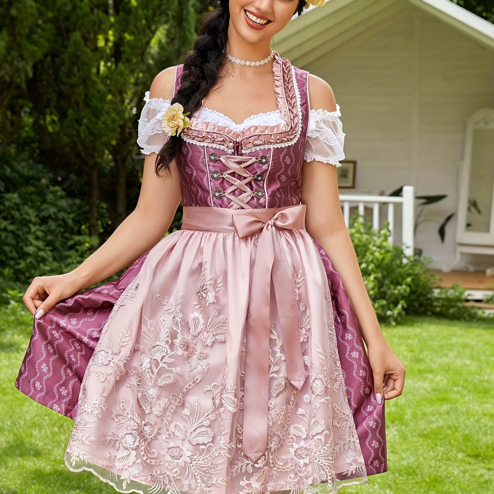 Women's Rose Red Oktoberfest Dirndl Dress Set with Embroidered Apron