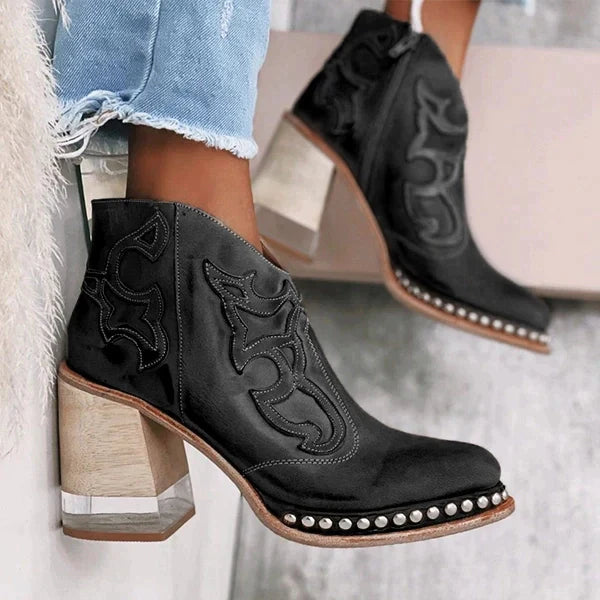 Women’s Leather Ankle Boots | High Chunky Block Heel | Studded Perimeter Trim | Durable & Stylish Design
