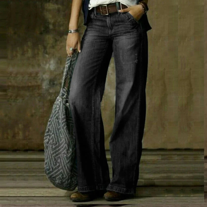 Women’s Wide-Leg Jeans | High-Rise Waistband | Durable Polyester Fabric | All-Season Comfort