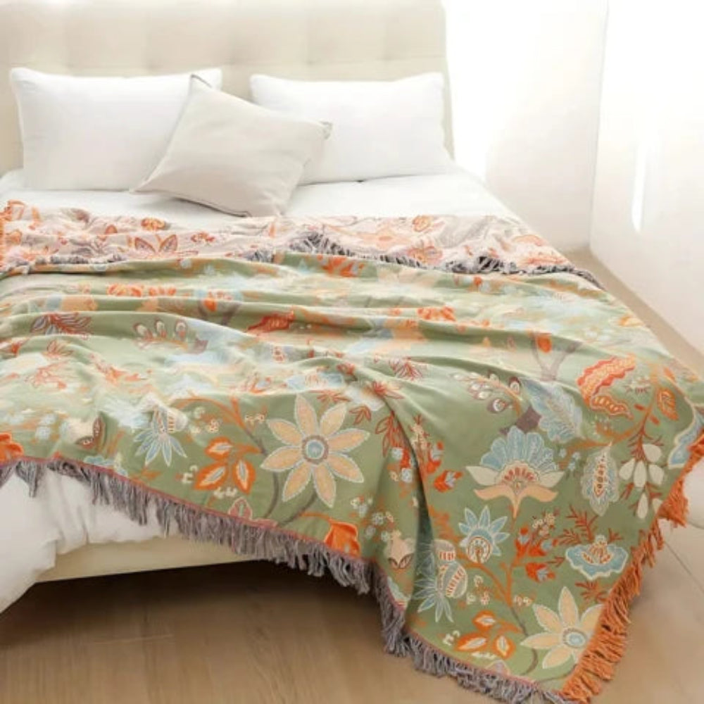 Melara — Soft Cotton Boho Floral Throw Blanket with Fringed Edges