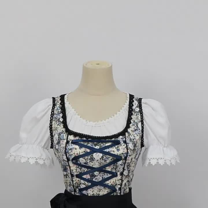 Women's Bavarian Dirndl Dress with Floral Print and Puff Sleeves for Oktoberfest