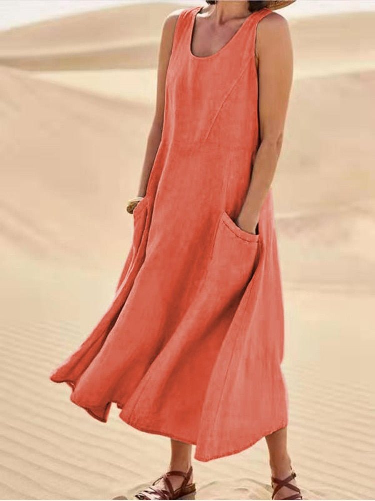 Women’s Maxi Dress | Lightweight Breathable Linen-Style | Side Pockets & Relaxed Fit | Comfortable Summer Wear