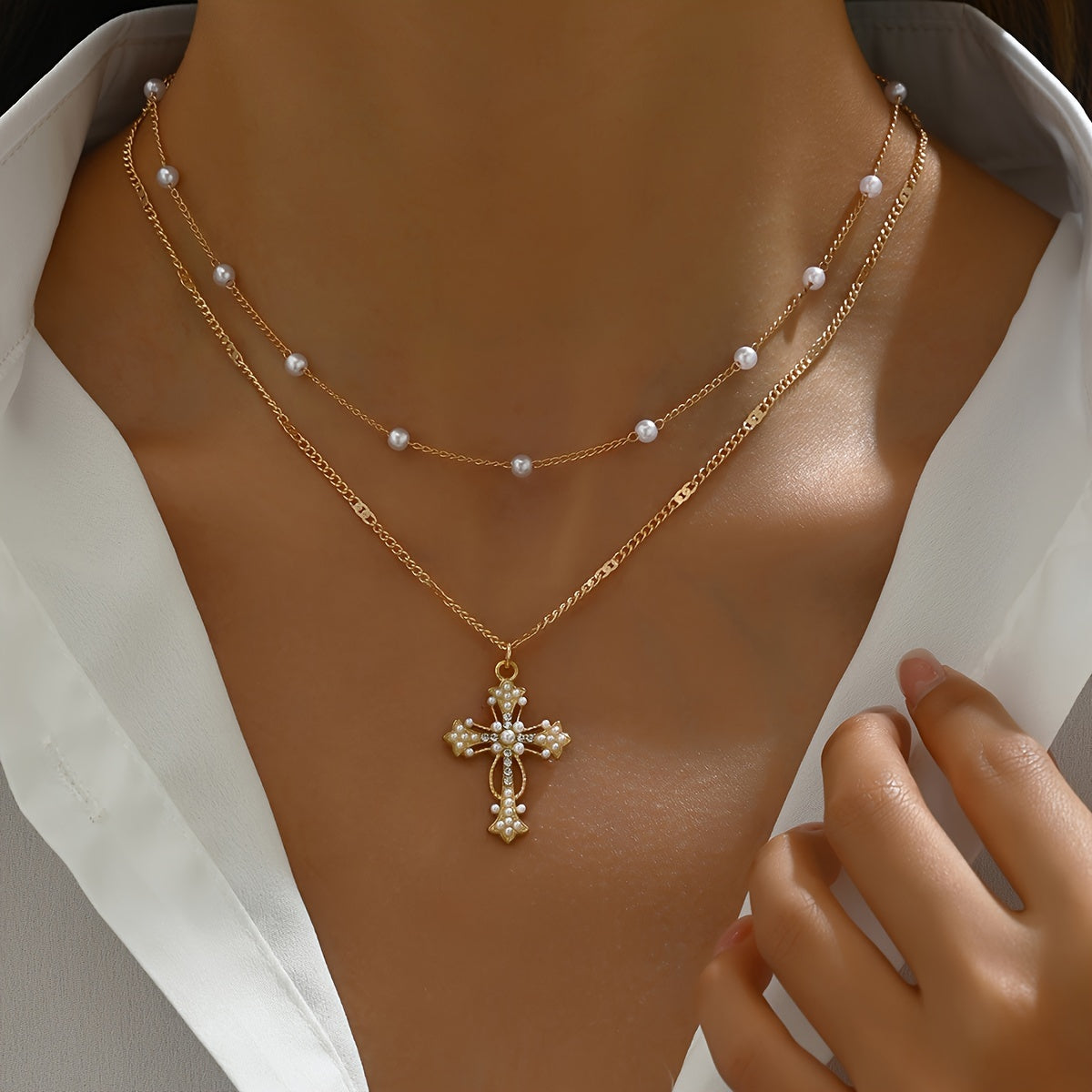 Elegant Gold Cross Pendant Necklace with Beaded Chain