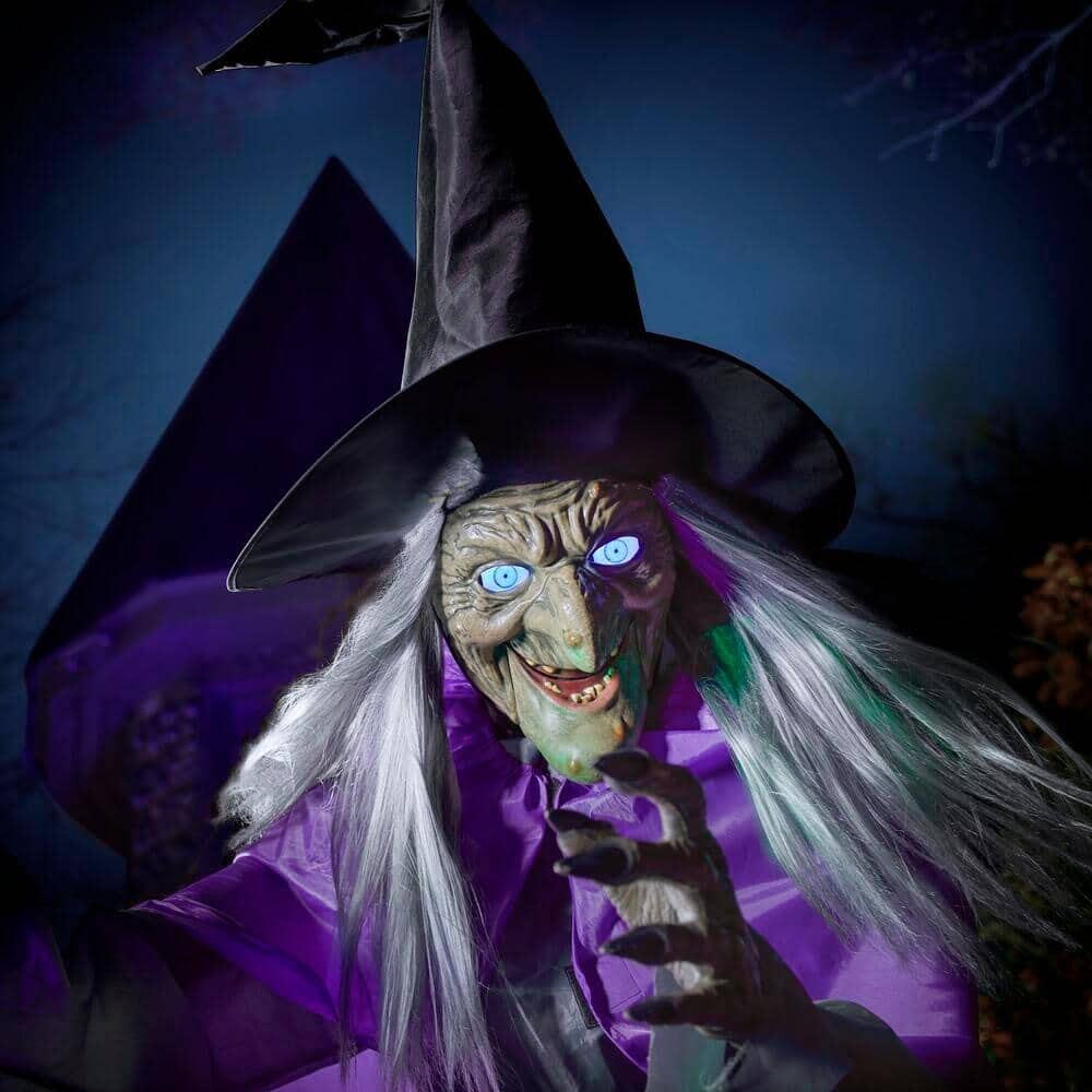 Life-Size Flying Witch Halloween Animatronic with Glowing Eyes and Sounds