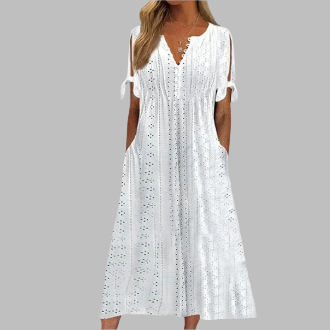 Women’s Eyelet Midi Dress | Tie-Sleeve Details & Side Pockets | Lightweight Boho Style | Comfortable Fit for Summer