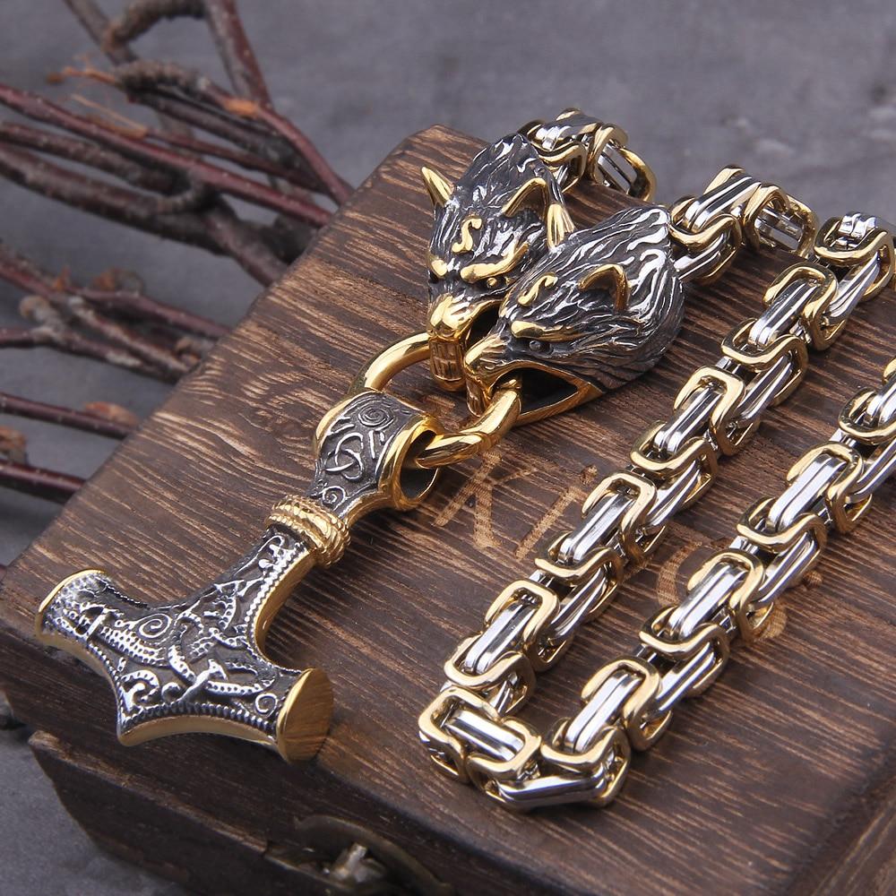 Unisex Necklace & Bracelet | Double Wolf Head & Thor’s Hammer Pendant | Stainless Steel | Adjustable Length 24 to 36 Inches