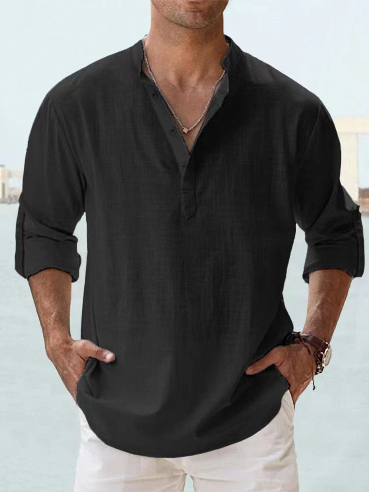 Men's Summer Shirt | Breathable Cotton & Linen Texture | Relaxed Fit & Rolled Sleeves | Versatile Casual Wear