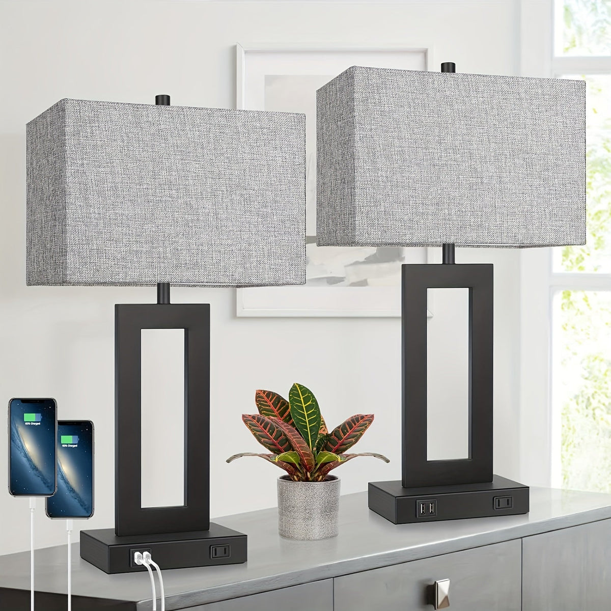Smart Touch Table Lamps Duo with USB Ports – Adjustable Brightness