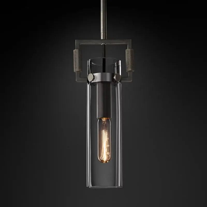 Lorian Glass Cylinder Pendant — Industrial Brass and Glass Lighting Fixture