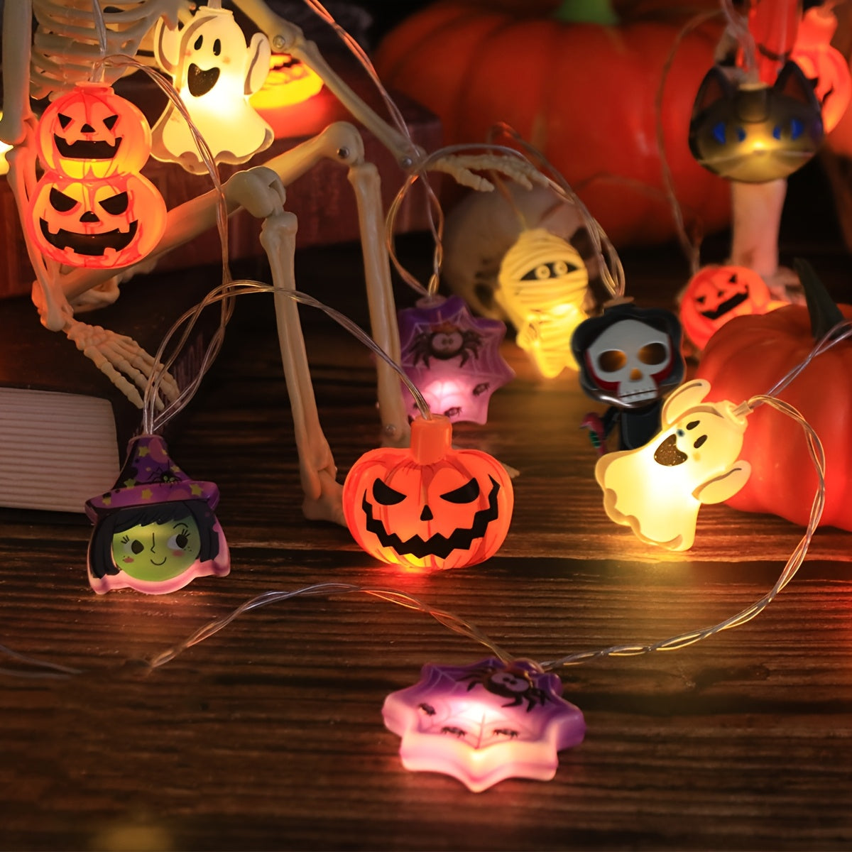 Battery-Operated Halloween String Lights with Pumpkin and Spider Design