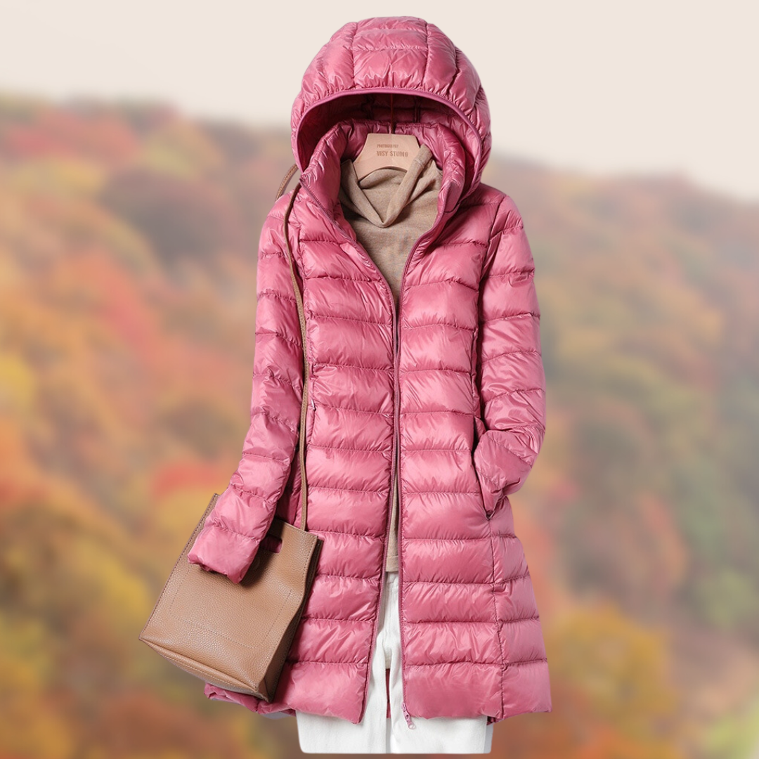 Women’s Hooded Down Coat | Ultralight Down Insulation | Longline Quilted Design | Transitional Weather