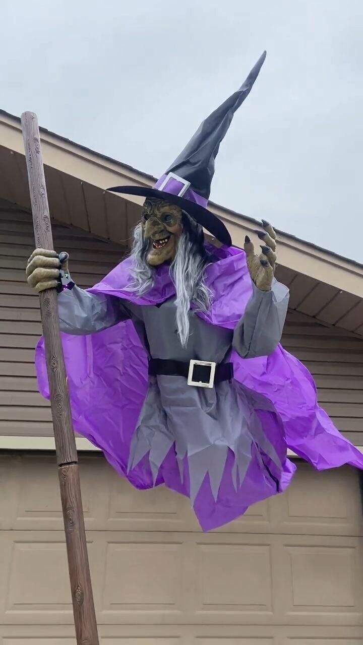 Life-Size Flying Witch Halloween Animatronic with Glowing Eyes and Sounds