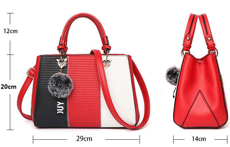 Women's Handbag | Patchwork Design & Hairball Embellishments | Durable Fabric | Spacious Interior with Dual Carry Options