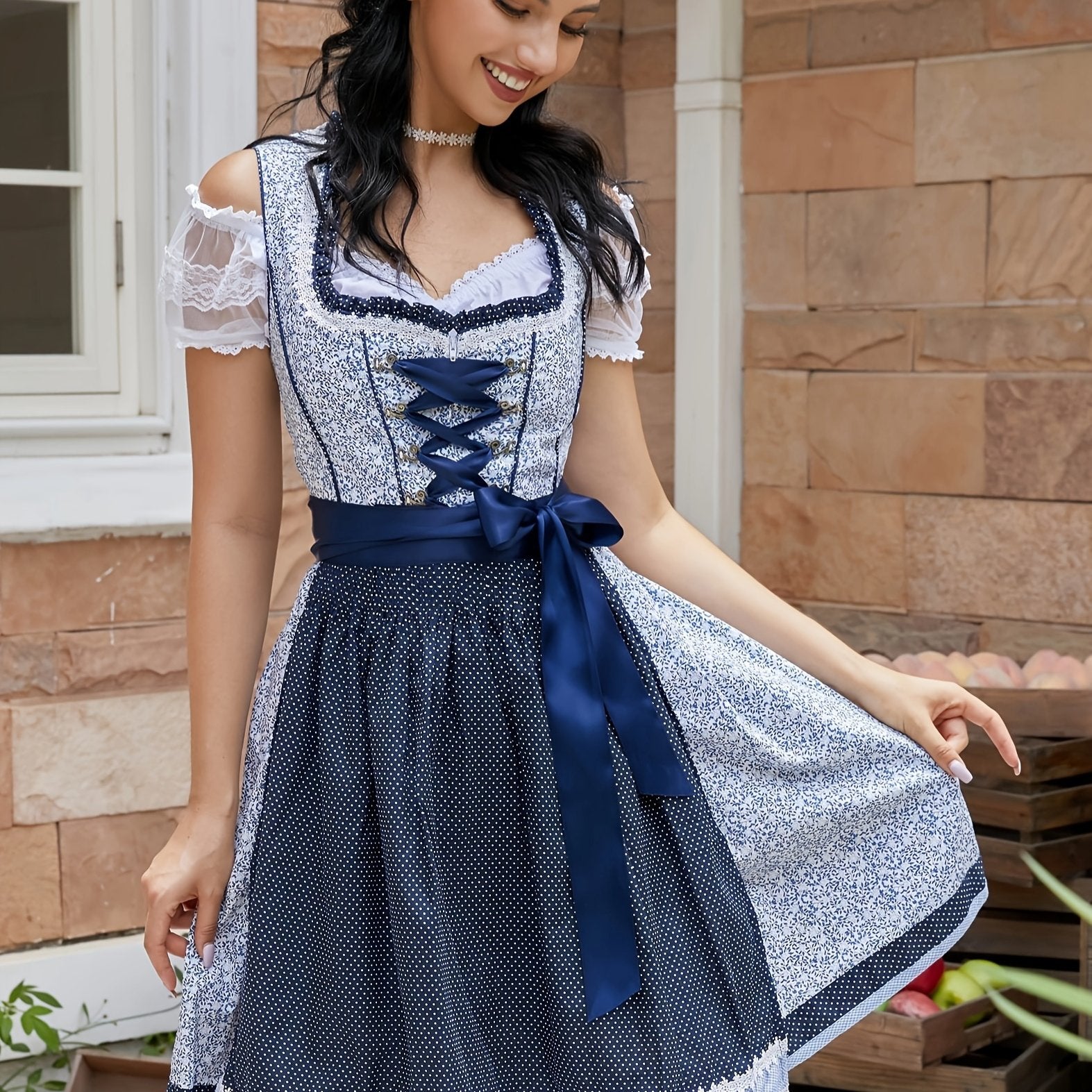 Women's Bavarian Oktoberfest Dress with Floral Embroidery and Satin Corset