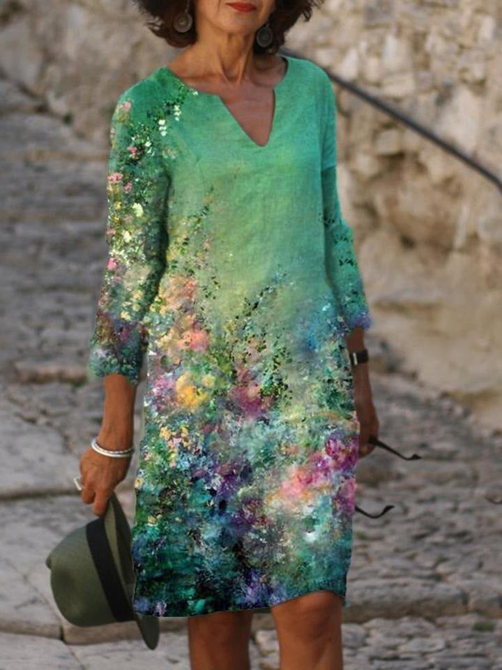 Women's Knee-Length Dress | Timeless V-Neck & 3/4 Sleeves | Polyester Fiber | All-Day Comfort