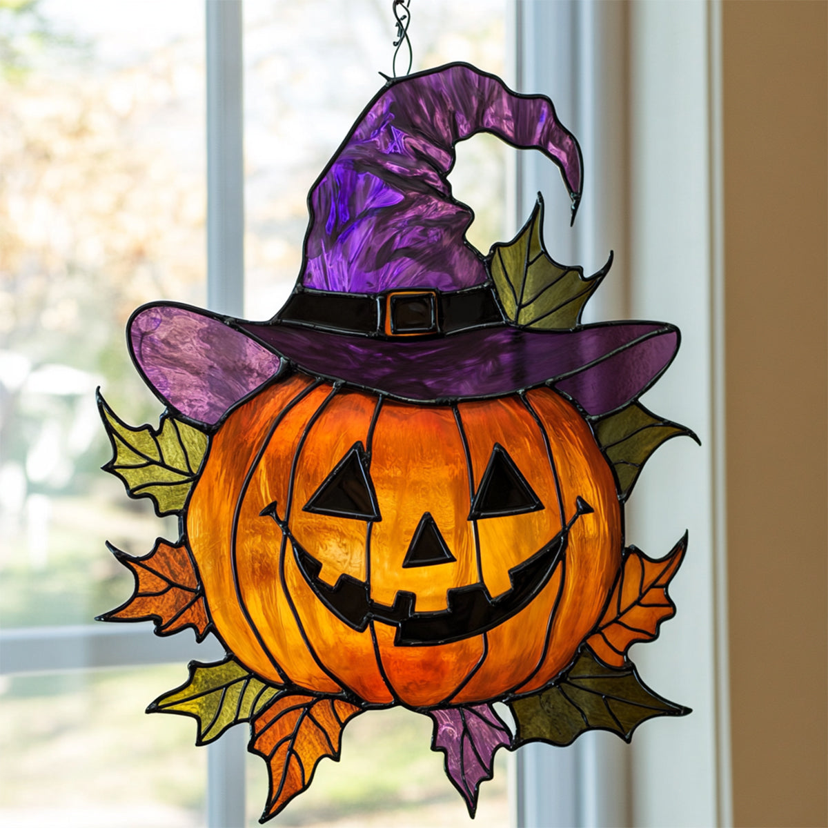 Halloween Jack-O'-Lantern Window Suncatcher with Vibrant Light Effects