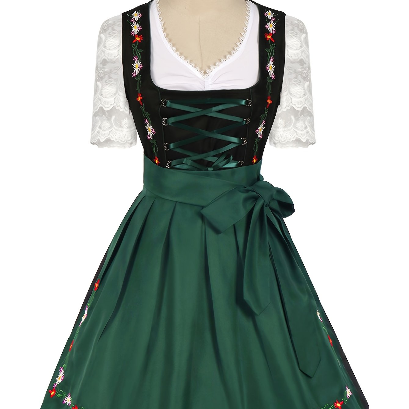 Women's Oktoberfest Dirndl Dress with Lace Blouse – Green Satin