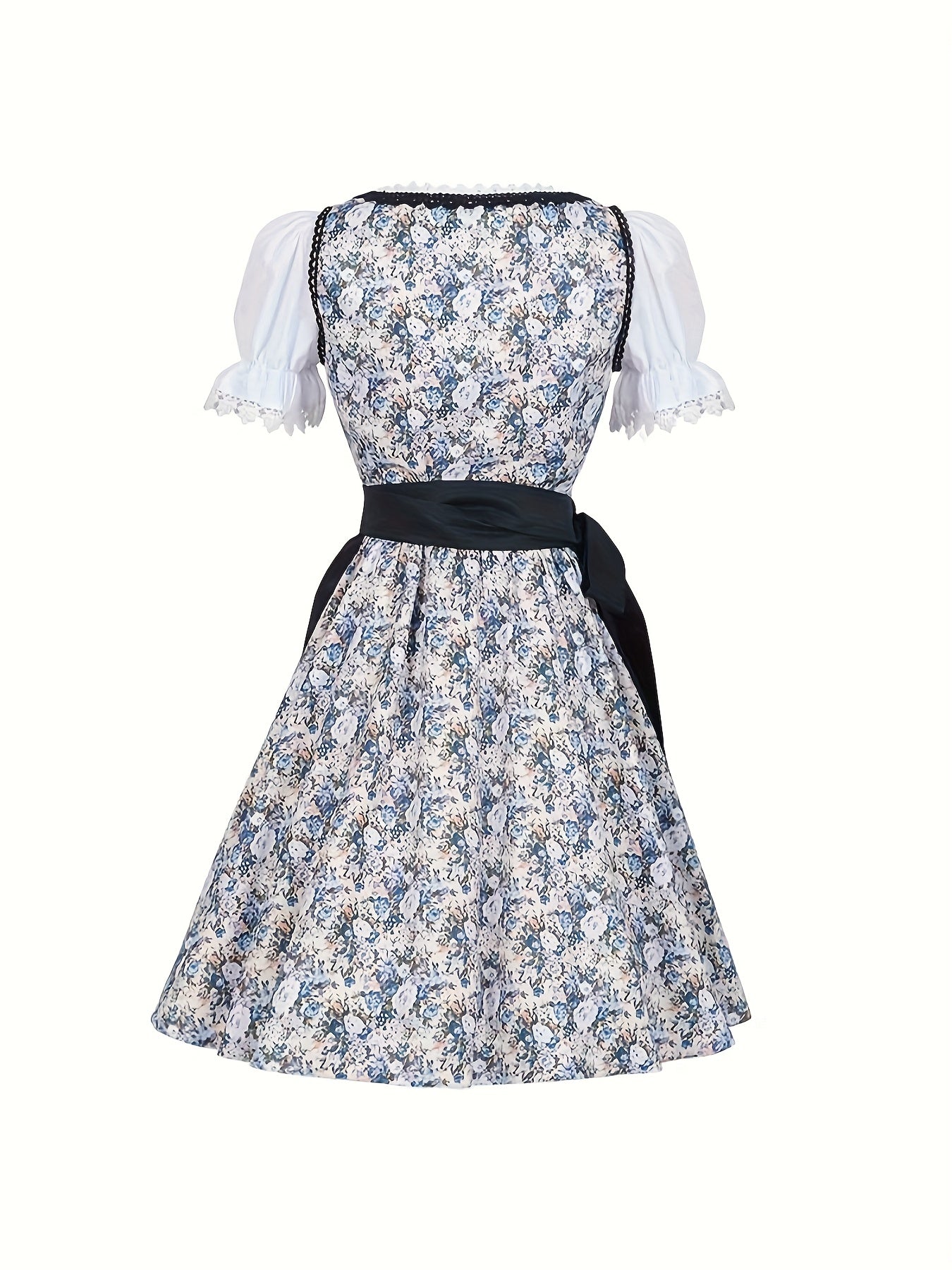 Women's Bavarian Dirndl Dress with Floral Print and Puff Sleeves for Oktoberfest