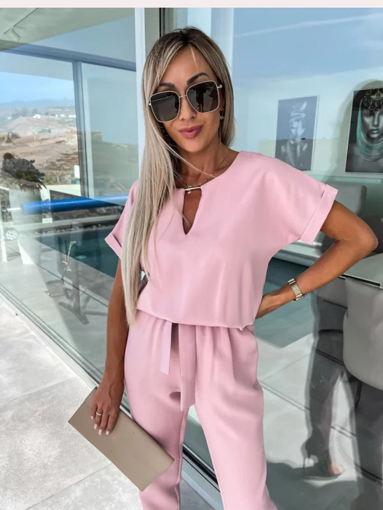 Women's Jumpsuit | Short-Sleeve with Tie Belt | Tailored Fit | Versatile Office & Event Wear