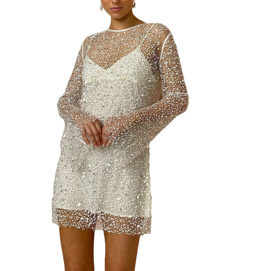 Women’s Cocktail Dress | Sequin Mesh Overlay & Sheer Long Sleeves | High-Quality Fabric | Elegant Evening Wear